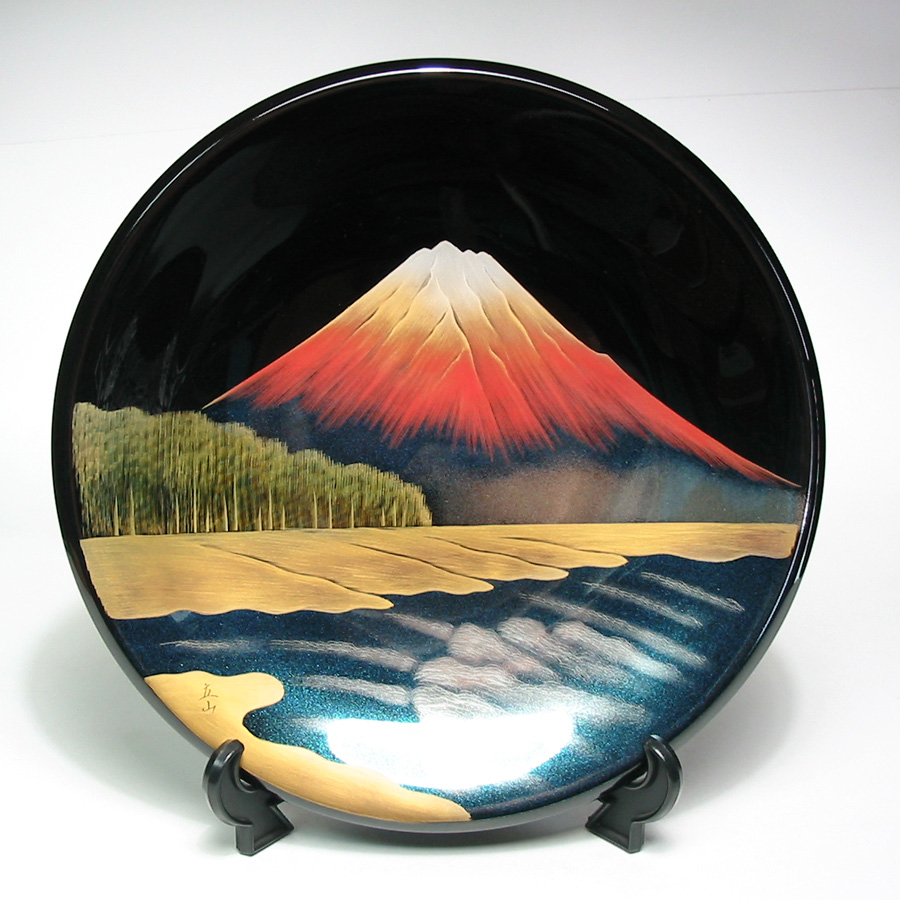飾り皿 富士に松原 黒 木製 漆塗り 絵皿 インテリア 漆器の井助