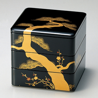 金の菊の模様お重3段　漆塗り　重箱