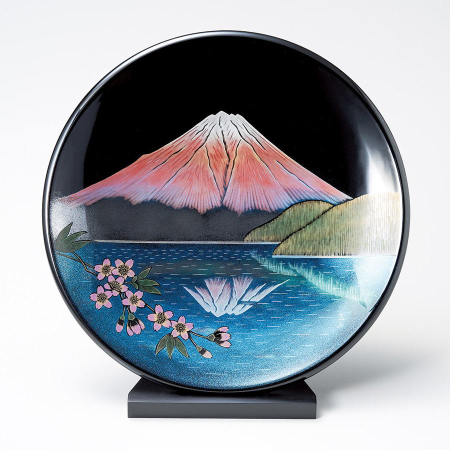 飾り皿 さくら紅富士 スタンド付 漆塗り・木製 漆器の井助