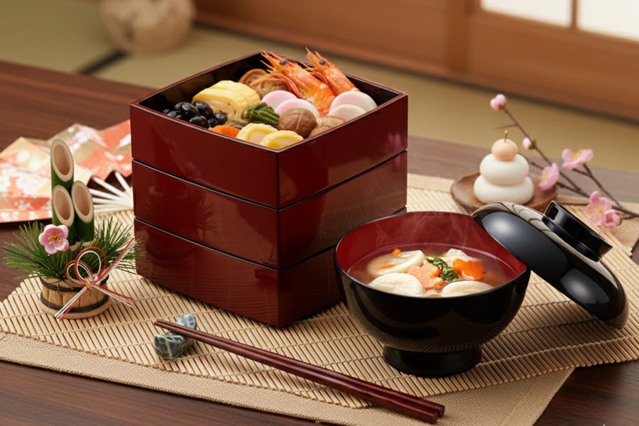 胴張三段重箱 古代朱内黒 6.5寸 木製 漆塗りお重箱 漆器の井助