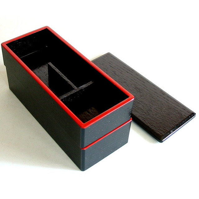 木製二段弁当箱 黒渕朱 木のランチボックス